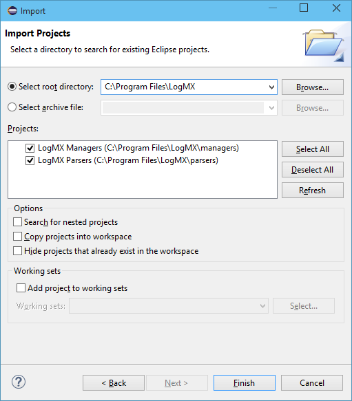 Import Eclipse project for LogMX Managers