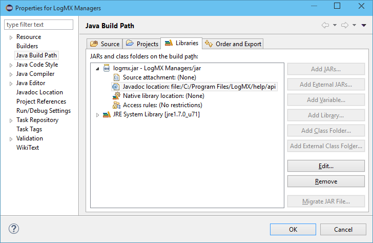 Build path settings for Eclipse project to develop LogMX Managers