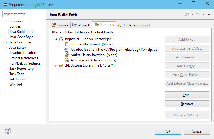 Build path settings for Eclipse project to develop LogMX Parsers